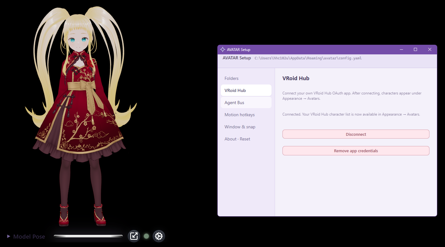 AVATAR desktop companion beside its VRoid Hub setup panel